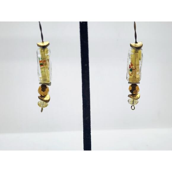 Vintage 1950s Venetian Murano millefiori glass bead drop  Vintage Earrings Murano Venetian Long Dangle Foil Glass Bead Drop Twisted Wire